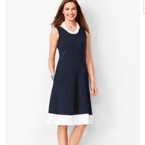 TALBOTS Size Mp Edie Fit & Flare Dress Navy /White Colorblock Cutout Hem Stripe